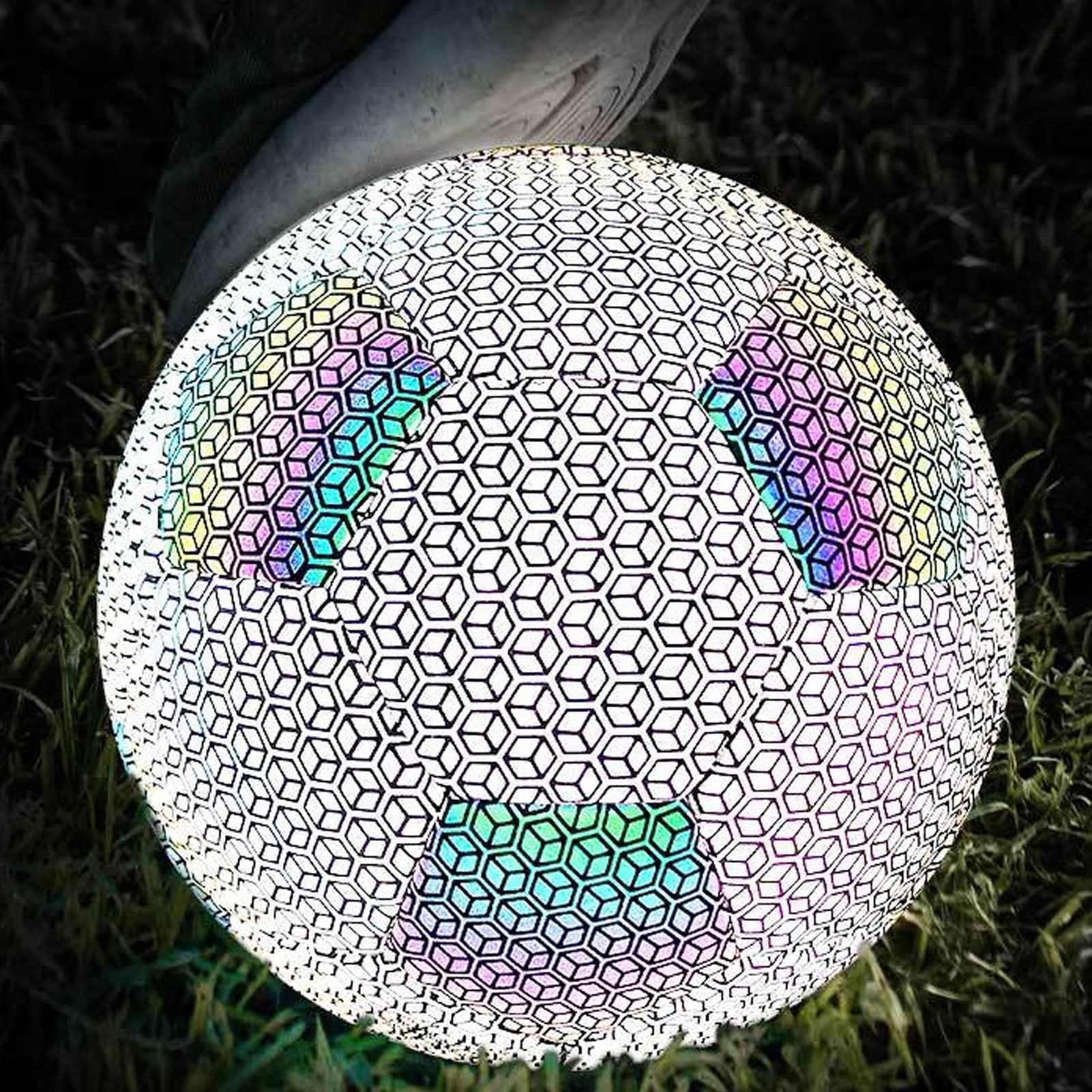 Yajisi Holographic Reflective Luminous Soccer Ball Size 5, PU Machine Stitched Glowing Night Football for Outdoor and Indoor Game Training, 7.87 inches / 20 cm
