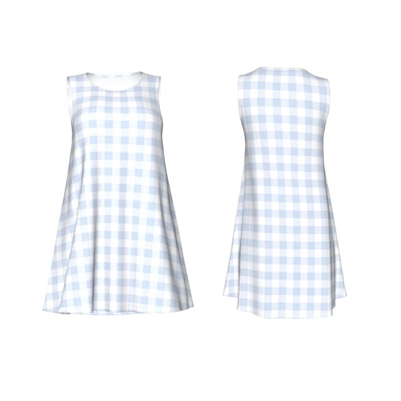 Horeoi Blue Checkboard Print Women's Sleeveless Dress Cotton-like Flared Hem Deep Side Pockets Above-Knee