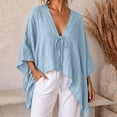 thumbnail image 2 of Babysbule Women V Neck Tie Front Batwing 3/4 Sleeve Oversized Loose Casual Top for Summer Vacation Daily Outfits, 2 of 9