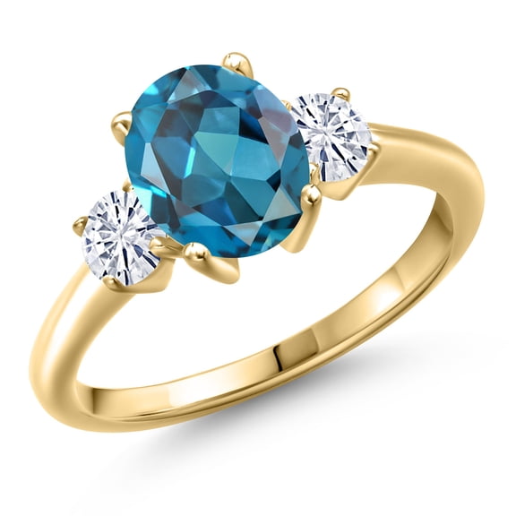 Gem Stone King 10K Yellow Gold London Blue Topaz and White Moissanite Engagement Ring for Women | 2.71 Cttw | Oval 9X7MM | Gemstone November Birthstone | Size 7