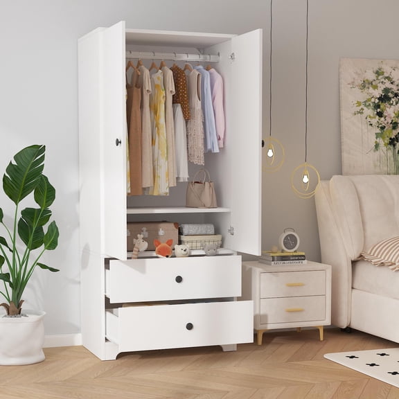 CazToi 2 Door 2 Drawer Wardrobe Closet MDF Armoire with Hanging Rod and Storage Shelves