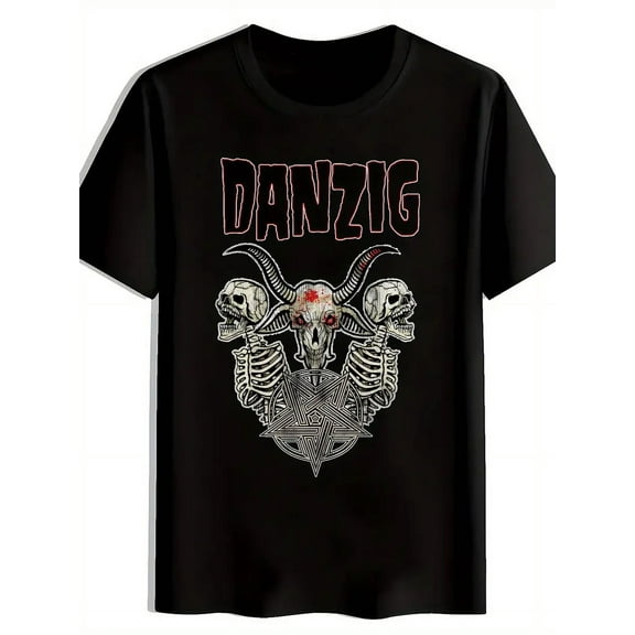Men's Black Retro Rock Band Graphic T-Shirt - Summer Casual Crew Neck Tee with "Danzig" Print, Skull & Crossbones Design