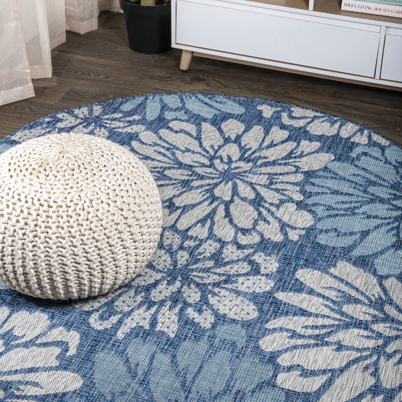 JONATHAN Y SANTA MONICA 9' Round Area Rug, Zinnia Floral Textured Weave - Navy/Aqua, SMB110C-9R