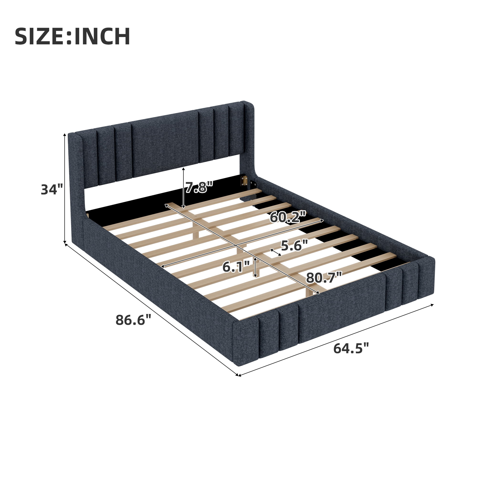 Euroco Queen Size Upholstery Platform Bed with Headboard, No Box Spring Needed, Gray