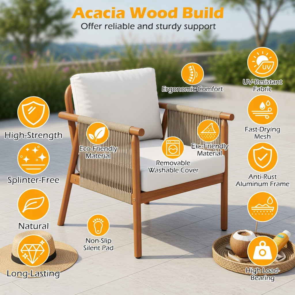 Hommoo Acacia Wood Patio Chair with Woven Rope Armrests, Outdoor Dining Chair for Backyard, Balcony, Porch, Ergonomic 106° Recline, White