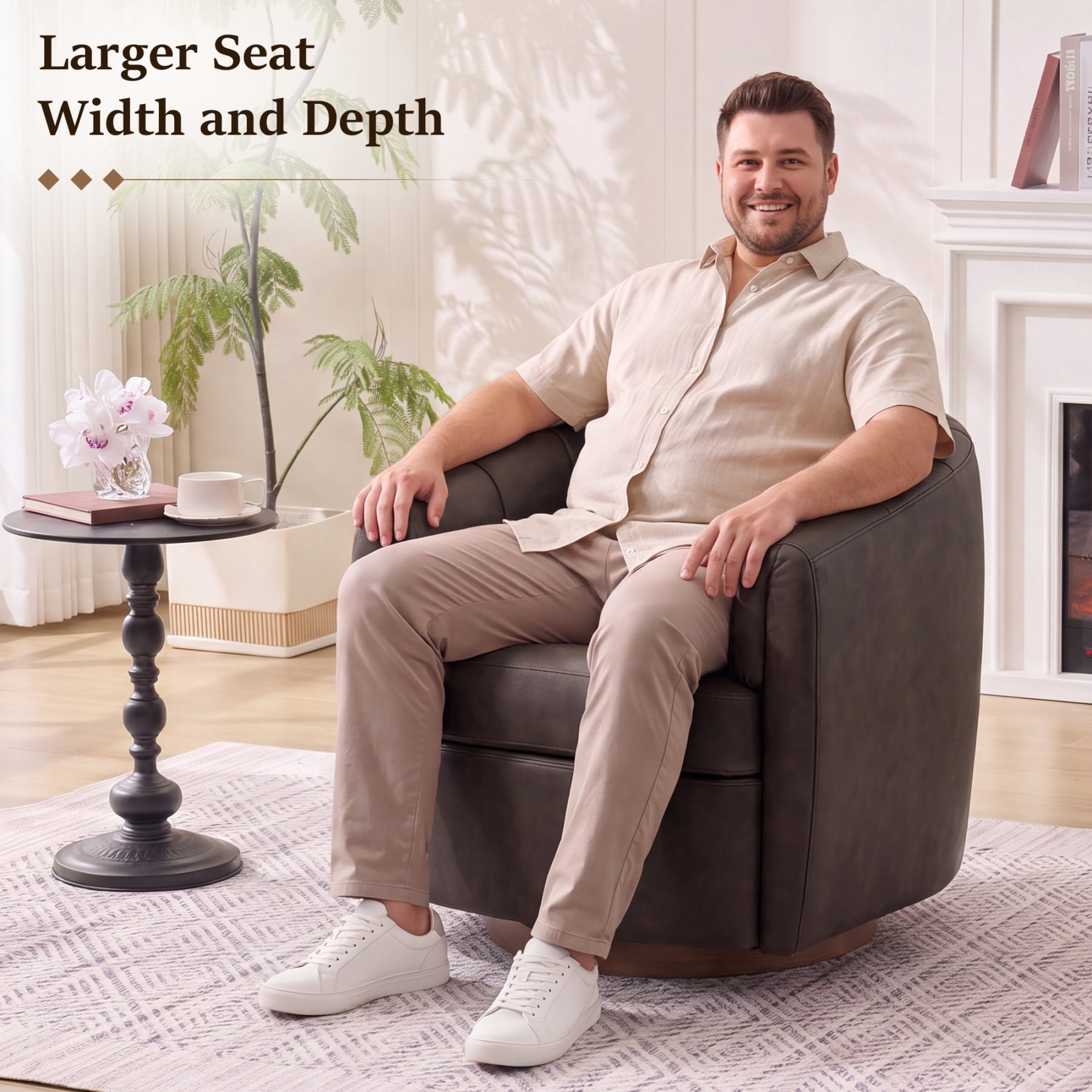 Leumius PU Leather Swivel Accent Chair, Upholstered Armchair with Solid Wood Base,Comfy Reading Chair With Curved Thickened Backrest,Dark Brown PU