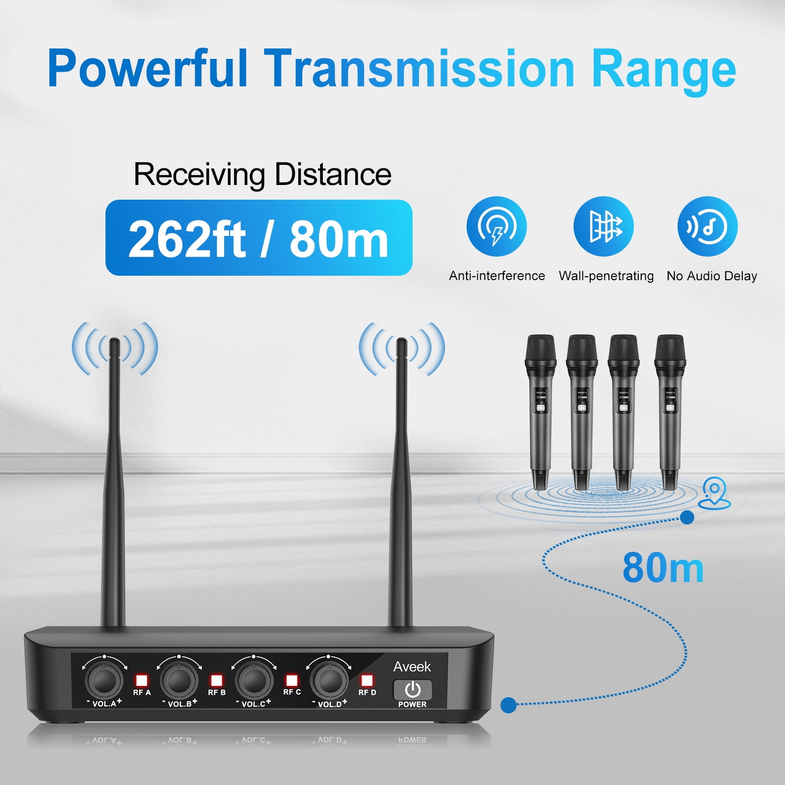 Aveek Wireless Microphone System,4-Channel Wireless Mic,262ft Range,40Hour Battery,Dynamic Microphones for Karaoke,Singing,Speech,Stage,Wedding,DJ