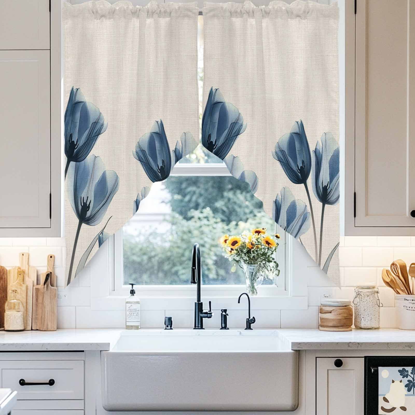 Navy Blue Swag Valances for Windows 2 Pack Tulip Minimalist Modern Flower Art Linen Background Swag Kitchen Curtains 45 Inches Long Rod Pocket Short Window Treatment for Kitchen Bathroom 36"x45"