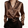 thumbnail image 2 of VJGBEGW Women's Satin Button Down Shirts V-Neck Long Sleeve Tops Striped Business Office Silky Blouses Fashion Spring Shirts Brown XL, 2 of 6