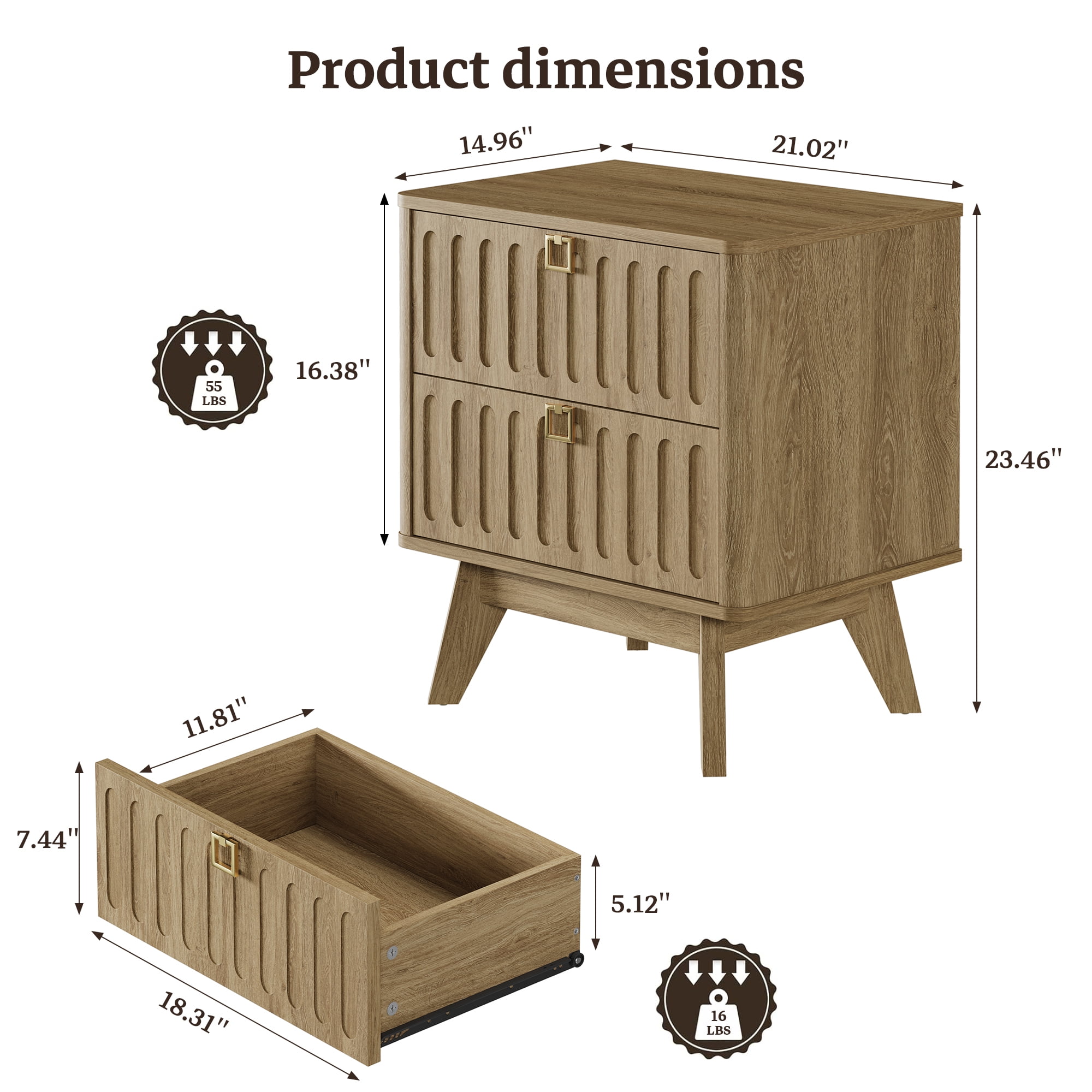 SICOTAS 21.02" Wide 2-Drawer Nightstands Set of 2,Nordic Modern Bedside Table with Large Drawers & Elegant Gold Square Handle for Bedroom, Living Room, Entryway -Brown Oak