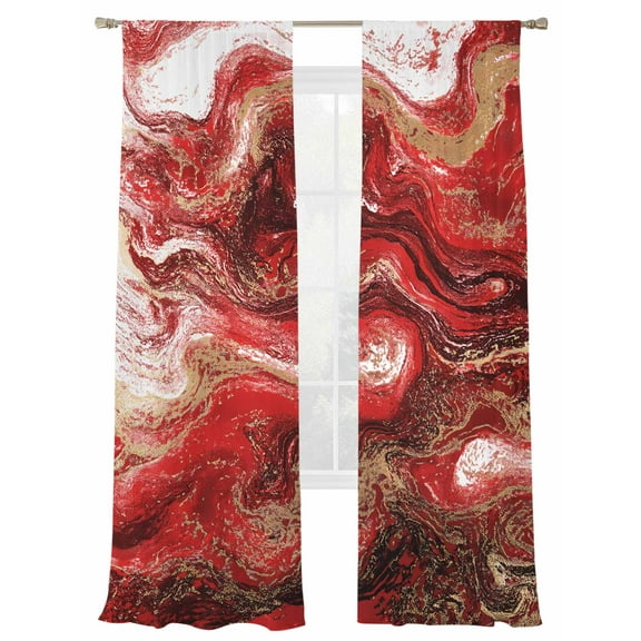 Abstract Fluid Sheer Curtains 84 Inch Long 2 Panels, Vintage Gold Red Marble Texture Light Filtering Rod Pocket Semi Sheer Curtains, Sheer Voile Drapes for Living Room Bedroom, 52"x84"