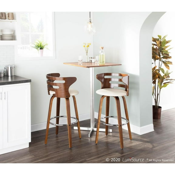 Cosini Mid-Century Modern Barstool With Swivel In Walnut And Cream Faux Leather - Set Of 2