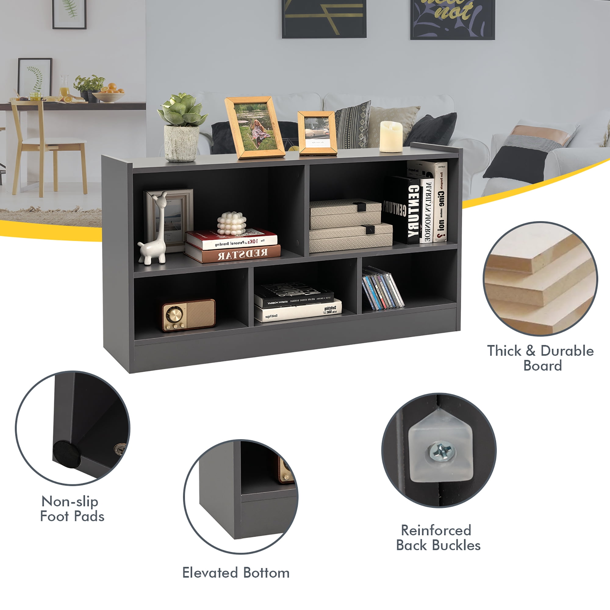 Gymax Kids 5-Cube Storage Cabinet 2-Shelf Wood Bookcase Organizer Grey