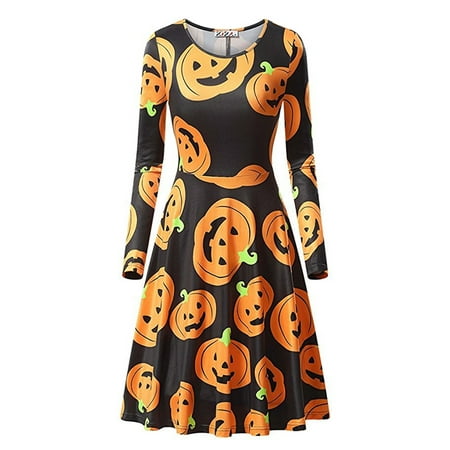 Women's Halloween Pumpkin Bat Printed Long Sleeve Party Swing Dress