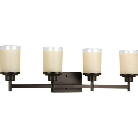 

Alexa Collection Four-Light Antique Bronze Etched Umber Linen With Clear Edge Glass Modern Bath Vanity Light