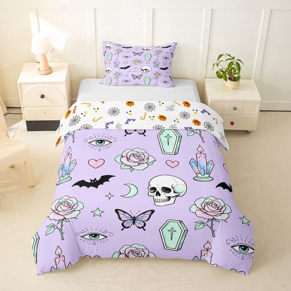 Homewish Goth Coffin Skull Twin Duvet Cover for Kids, Lavender Rose Butterfly Bat Twin Bedding, Halloween Reversible, 2pcs, 1 Duvet Cover and 1 Pillowcase