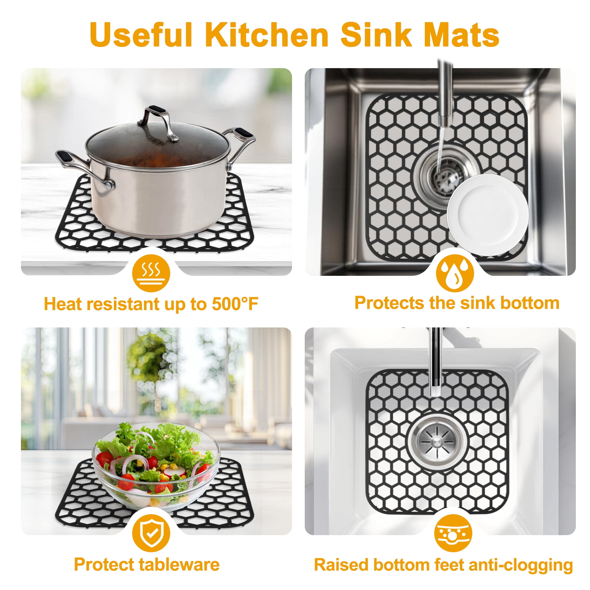Unique Bargains 2pcs Sink Protectors for Kitchen Sink 12.4"x 11.5" Non-Slip Sink Mats Heat-Resistant to 500°F Sink Grid for Stainless Steel Sinks Dishwasher Safe Black