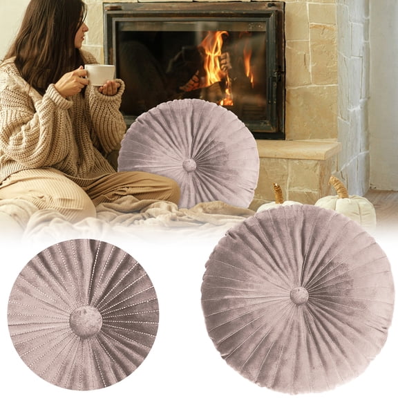 Velvet Pleated Round Throw Pillow with Center Button, Decorative Circular Pumpkin Accent Cushion, Soft Comfort Floor Pillow, Stylish Toss Pillow for Sofa, Couch, Vanity Chair & Fall Home Decor Khaki