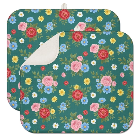 Pioneer Flower Floral Print Pattern Kitchen Dish Drying Mat 1 Pack, Ultra Absorbent Microfiber Drainer Mat, 16"x18"