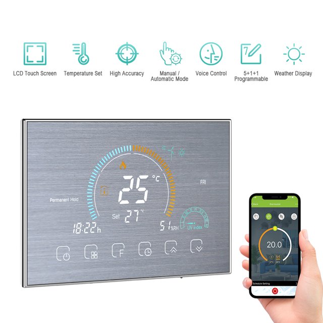 Termostato Inteligente WiFi 95-240V con Control por Voz y App, 6 Programas Diarios, Pantalla LCD con Luz de Fondo, Monitoreo de Humedad e Índice UV, Compatible con Amazon Echo/Google Home/Tmall