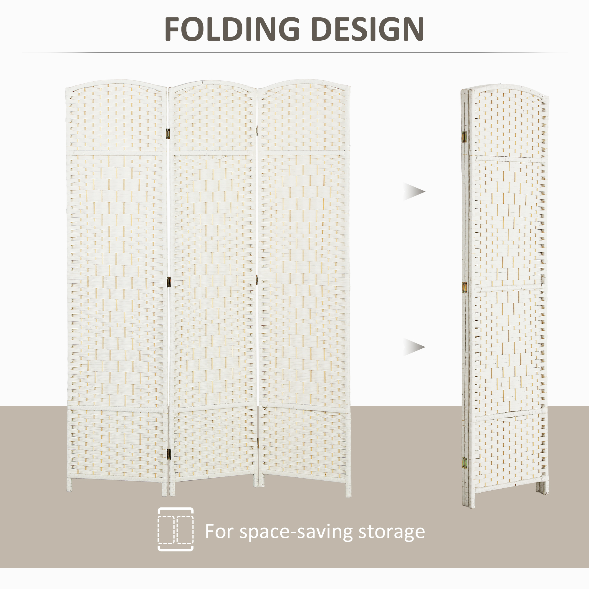 HOMCOM 3 Panel Room Divider, 6' Tall Folding Privacy Screen, Hand-Woven Freestanding Wood Partition for Home Office, Bedroom, White