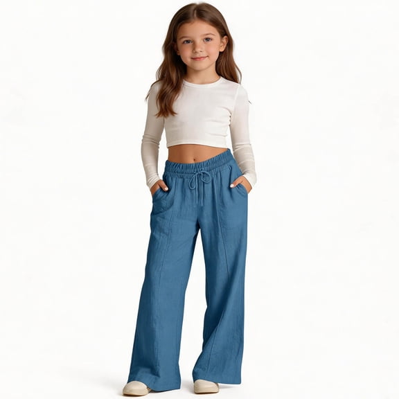 BRGZLK Girl's Linen Pants Summer Casual Solid Color High Waisted Elastic Drawstring Baggy Wide Leg Pants Barrel Lounge Trousers with Pockets Blue 9-10 Years