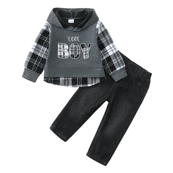 12 Months Baby Boys Clothes 18 Months Boys Fall Winter Pant Set Toddler Boys Long Sleeve Letter Print Hooded Top Jeans Pants 2PCS Outfits Set Gray