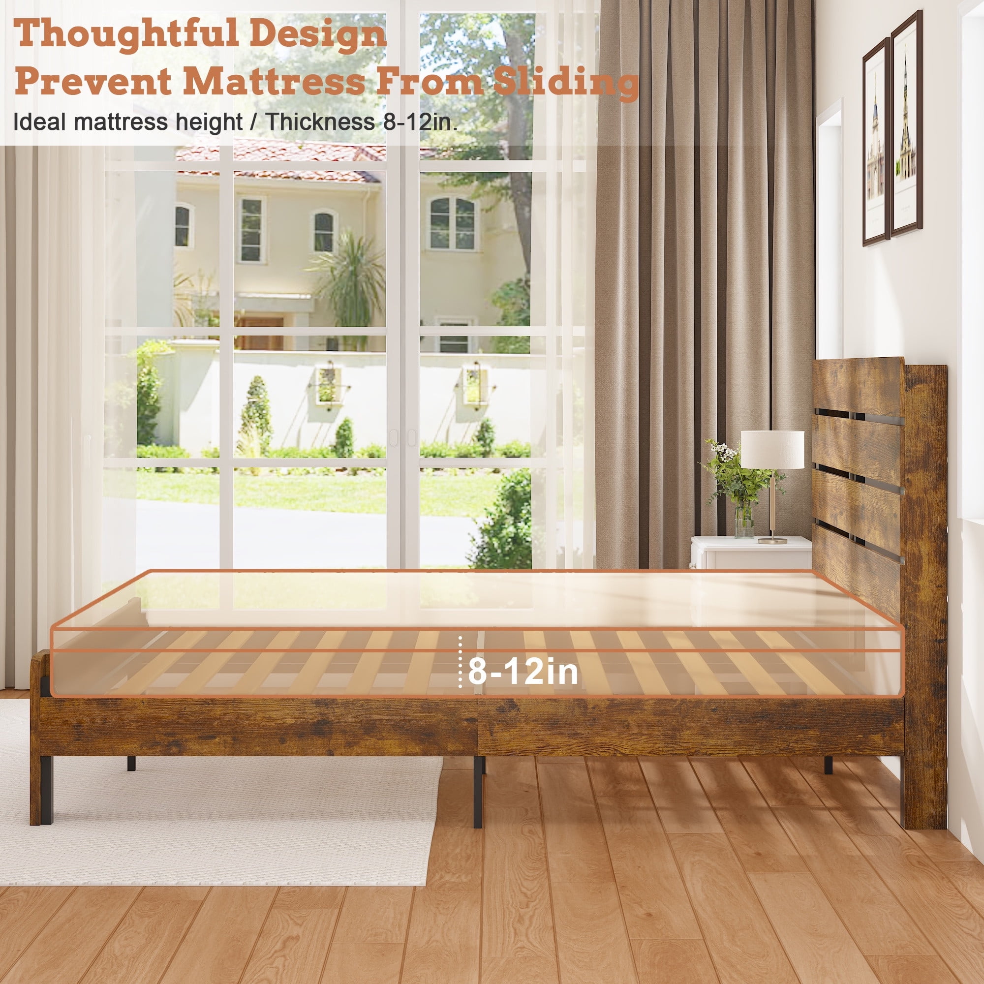 Wood Queen Bed Frame with Headboard, Holaki Rustic Farmhouse Platform Bed Frame with USB Port & LED Lights, Heavy-Duty Wood & Metal Frame, No Box Spring Needed, Easy Assembly