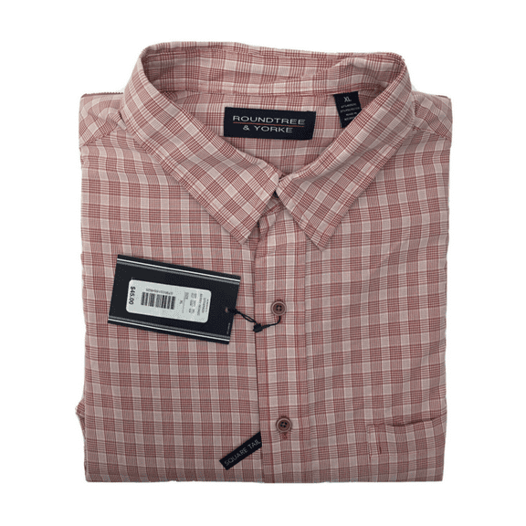 Roundtree and Yorke, Men's Short Sleeve Shirt, Berry Red, Plaid, XL