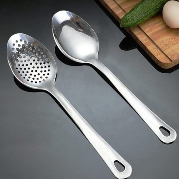 2Pcs Kitchen Cooking Spoon Set,Rust Resistant Slotted Spoons,Stainless Steel Serving Spoons,Long Handle Kitchen Utensils with Slotted and Solid Spoons for Restaurant,Catering & Home Use,E*1 F*1