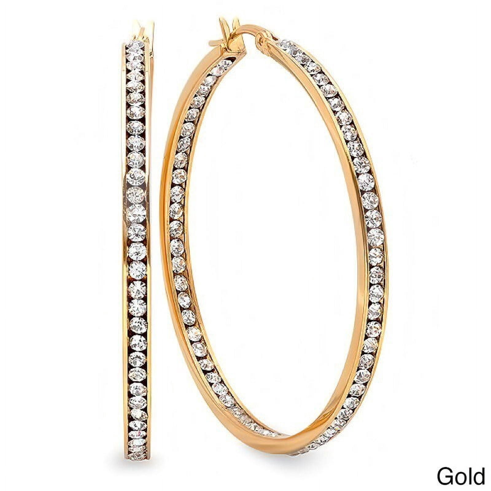 Steeltime Ladies 18K Rose Gold Plated Stainless Steel Hoop Earrings Adorned with Cubic Zirconia Diamonds