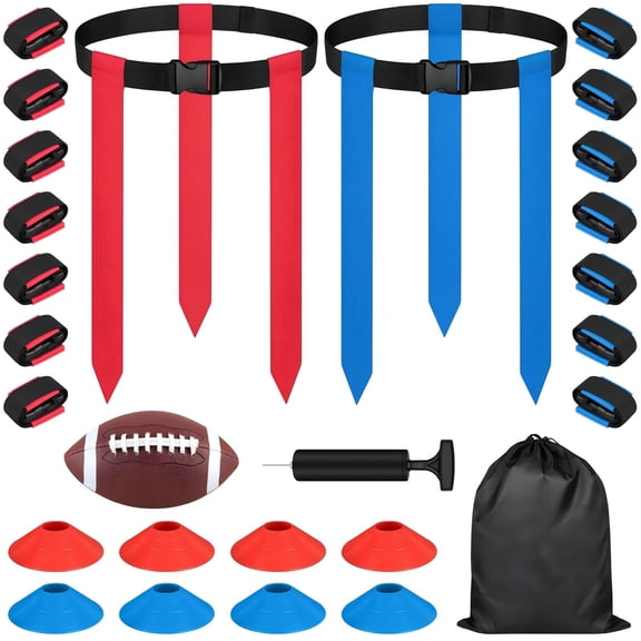 Flag Football Set, 14 Player Adjustable Flag Football Belts, 42 Flags, 8 Practice Cones, Size 3 Football, Pump and Bag, Perfect for Youth, Adults and Children to Capture The Flag