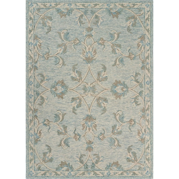 Laddha Home Designs 7' x 9' Blue and Beige Floral Hand Tufted Rectangular Area Throw Rug