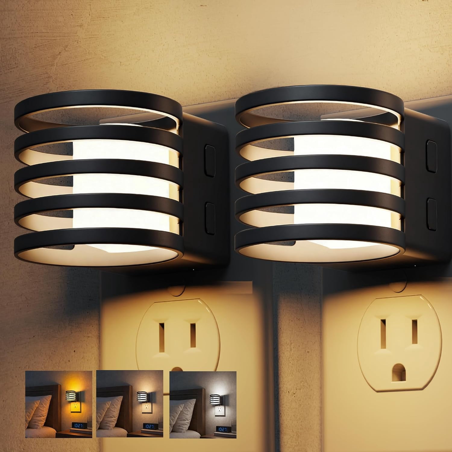 RGHJAR-Night Light, 2 Pack 3CCT Night Lights Plug into Wall, Amber/3000K/5000K Adjustable Color Temperature Night-Lights, Dimmable Nightlight with Dusk to Dawn Sensor for Bedroom Hallway Bathroom