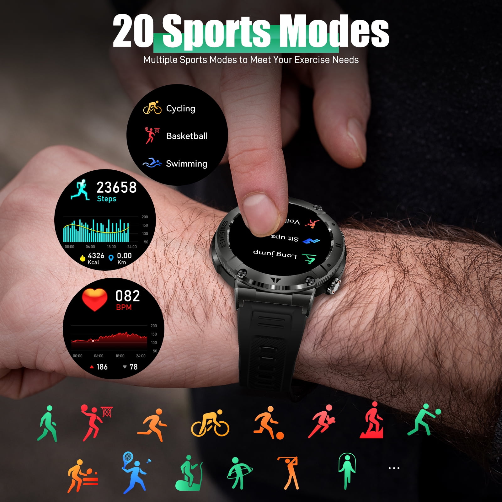 EIGIIS Military Smart Watch for Men 1.32" Outdoor Tactical Sports Smartwatch Multi strap combination Compatible iPhone Samsung