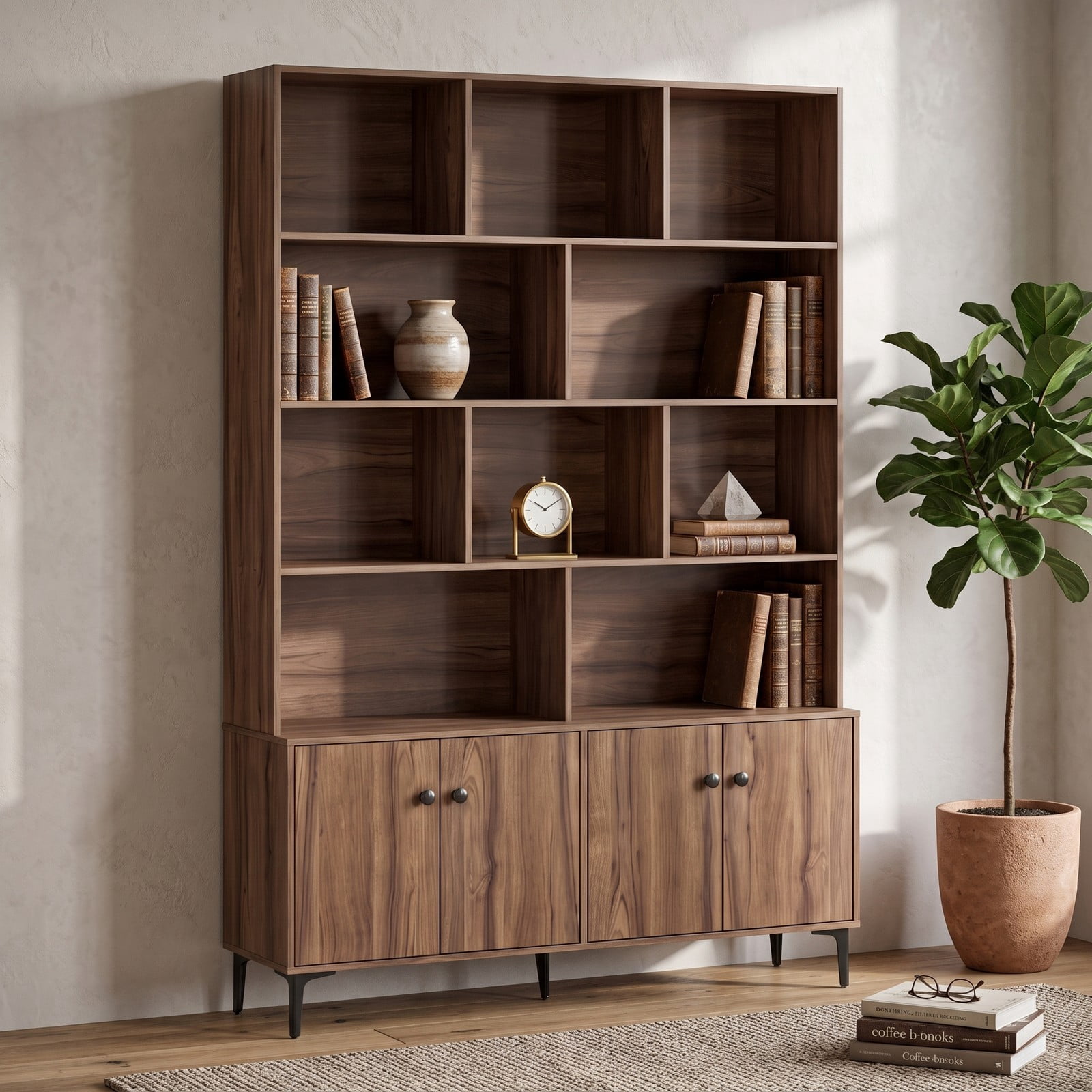 Furnibear 68.5" Tall Bookshelf with 4 Doors and Open Display Shelves, Freestanding Bookcase Storage Cabinet with Anti-Tipping Kits and Metal Legs for Home, Walnut