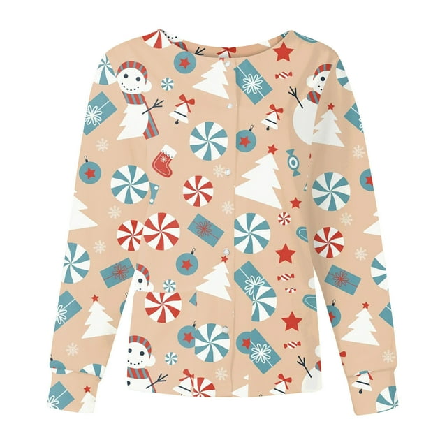 Cárdigan Navideño Para Mujer, Camisetas de Manga Larga, Túnica de Cuello Redondo Con Estampado Informal, Uniforme de Trabajo Con Blusa de Bolsillo Odeerbi ODB190982