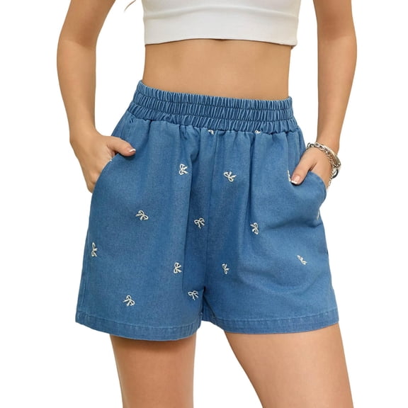 LWavelet Women Denim Shorts Elastic Waist Bow Embroidery Casual Summer Blue L