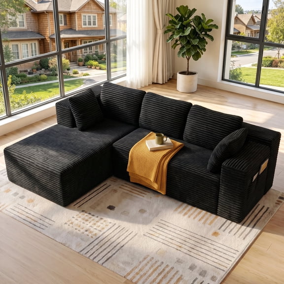 Boneless Couches for Living Room, Lofka 105" L-Shaped Modular Sectional Sofa with Chaise, Corduroy Fluffy Couch with Deep Seat and Side Pockets, Flexible Module Combination, No Assembly, Black
