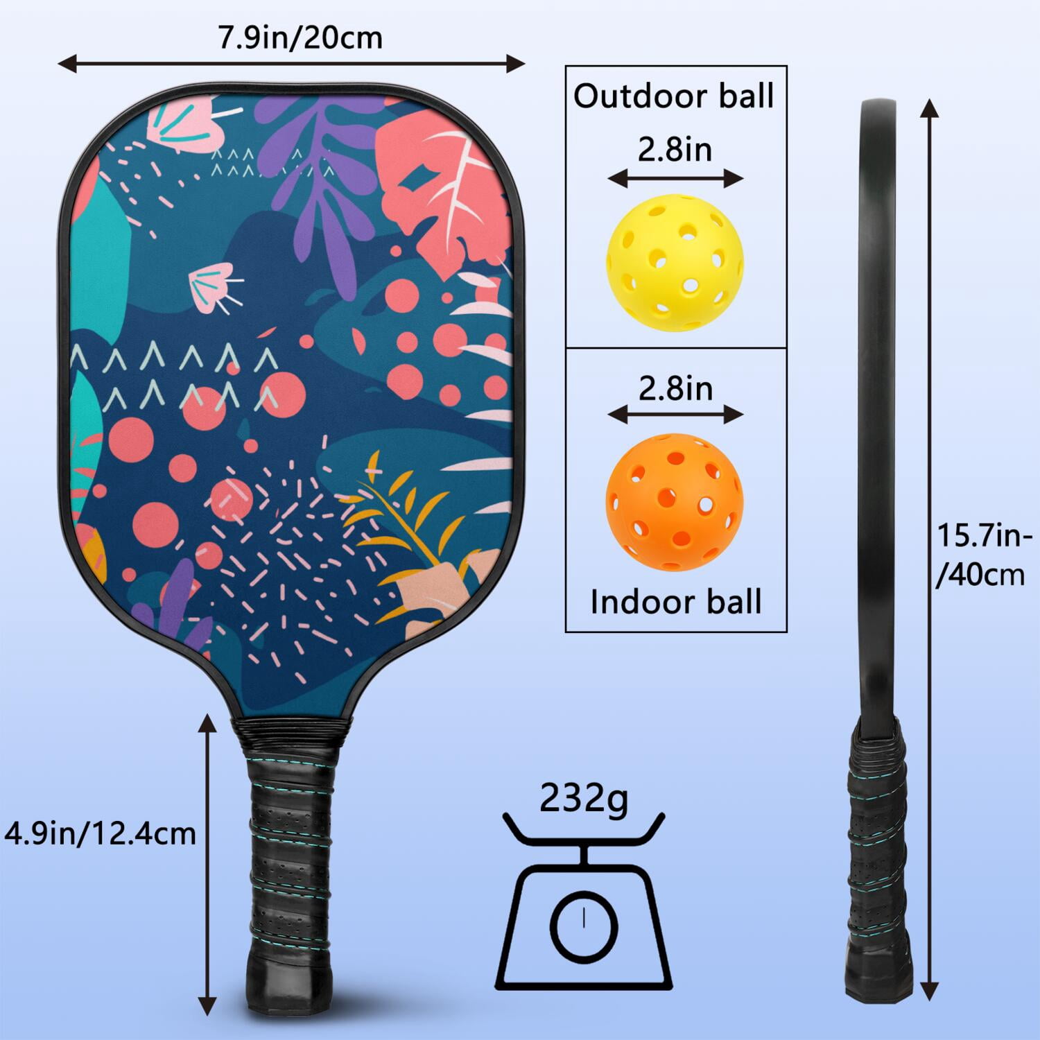 Pickleball Paddles Set Of 1, Fiberglass Surface, Tropical Leaf Print, 1 Paddle, 2 Balls & Bag