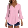 thumbnail image 2 of Craaazy Women's Relaxed Fit V Neck Blouse, Solid Color 3/4 Sleeve Flare Cuff Top, Loose Comfy Button Accent Casual Tee for Spring & Summer Gifts, 2 of 7