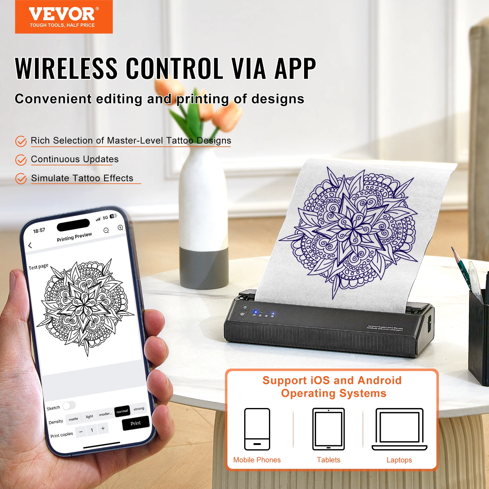 VEVOR Tattoo Stencil Printer, Wireless Bluetooth Tattoo Printer Transfer Stencil Machine with 10Pcs Transfer Paper, Compatible for iOS＆Android Phone, iPad＆PC (with Storage Bag)