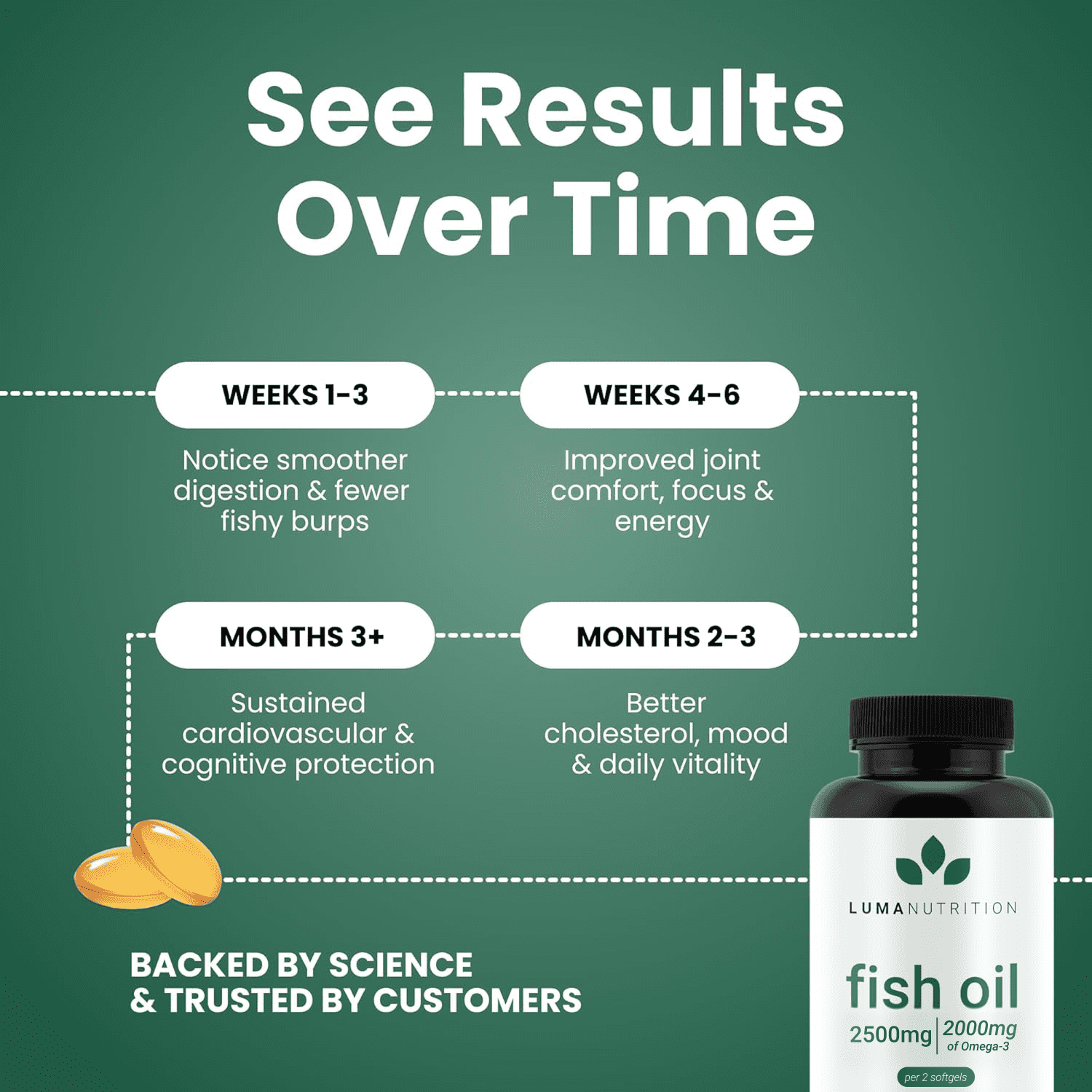 Luma Nutrition Omega 3 Fish Oil Supplement - Extra Strength 2500mg Per Serving - 2000mg EPA & DHA Per Serving - Brain and Heart Health - 60 Softgels, 30 Servings