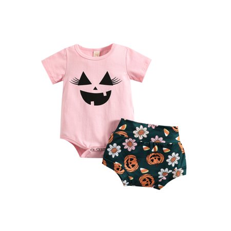 

Gwiyeopda Toddler Baby Girl Halloween Pants Suit Short Sleeve Round Neck Smile Print Romper + Pumpkin Print Short Pants