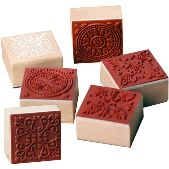 vlrwzc Wooden Rubber Stamp 6PCS Floral Lace Pattern Stamp Square Decorative Wooden Stamp for DIY Craft Card and Scrapbooking