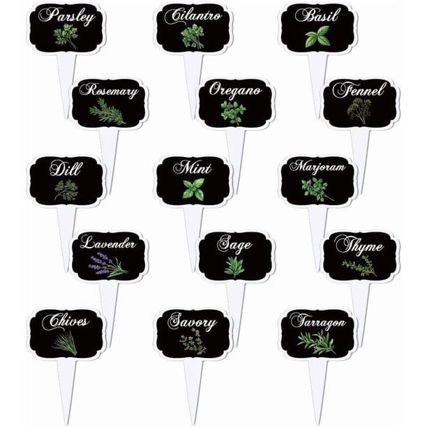 15 etiquetas acrílicas negras en forma de T para plantas, con fondo negro, enmarcadas con motivos de hierbas, impermeables, para jardín.
