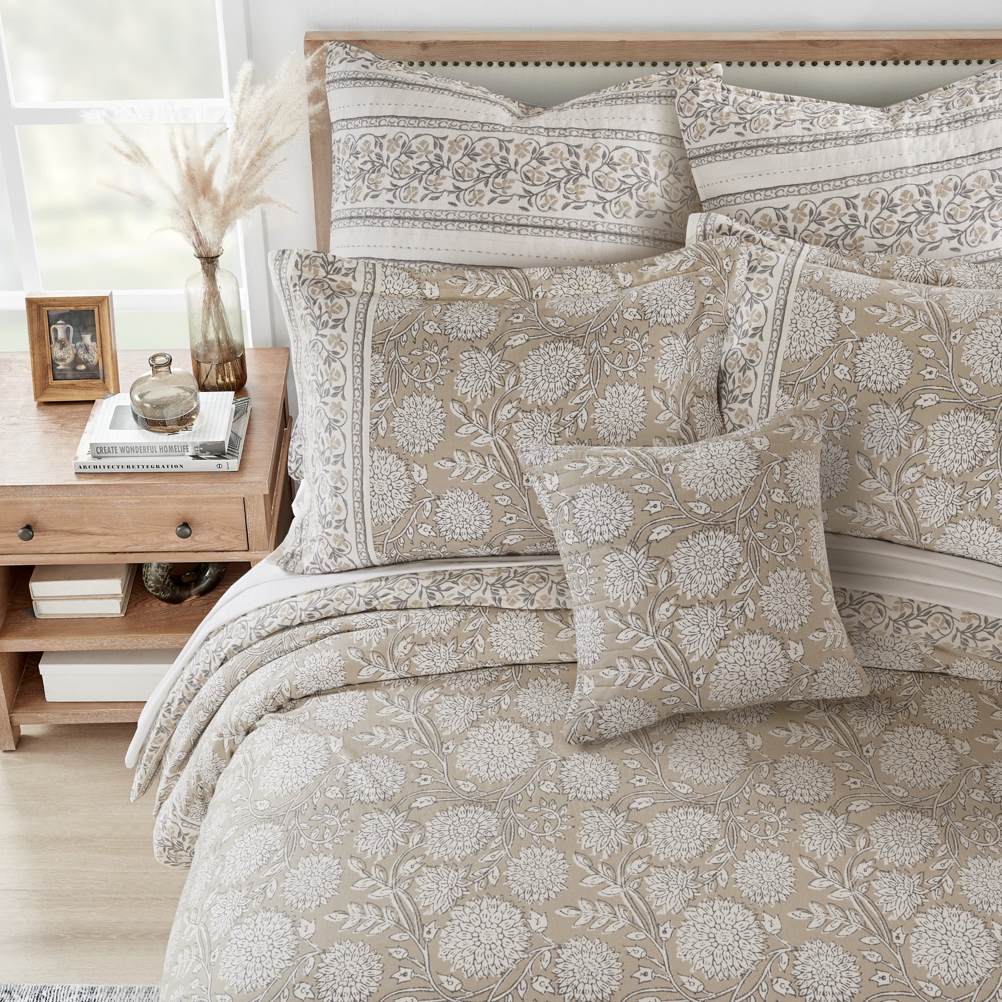 Levtex Home - Adare Taupe Duvet Cover Set - King Duvet Cover + Two King Pillow Cases - Bordered Floral - Taupe Grey and Cream - Duvet Cover (106 x 94in.) and Pillow Case (36 x 20in. ) - Cotton