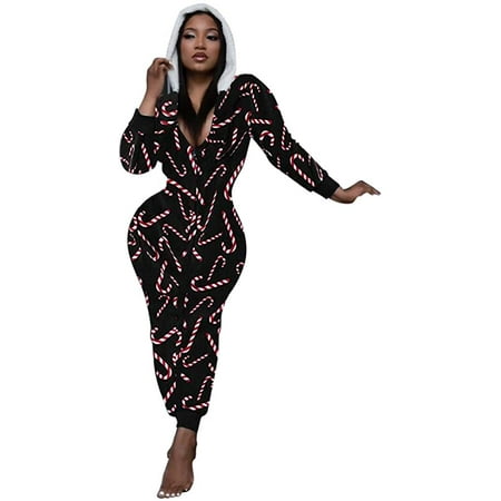 

Women Christmas V Neck Long Sleeve Jumpsuit Slim Fit Hooded Loungewear Romper