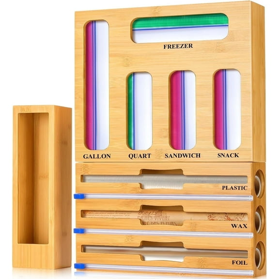 9 in 1 Kitchen Bag Storage Organizer, AOKIWO Bamboo Ziplock Foil and Plastic Wrap Organizers with Cutter for Kitchen Drawer, Compatible Gallon, Quart, Sandwich Snack Size