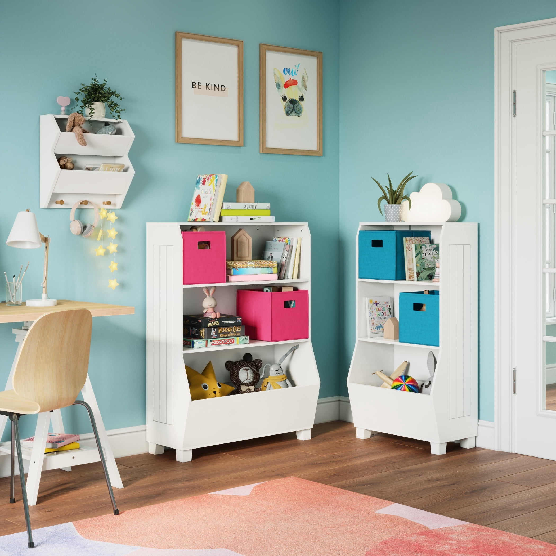 RiverRidge Kids 34in Playroom Bookshelf with Toy Bin Organizer and 2 Open Shelves - White